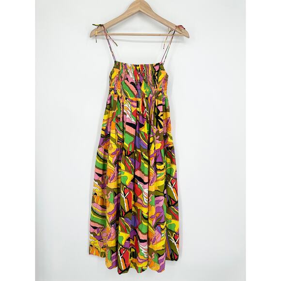 SWF Birds of Paradise A-Line Dress Smocked Square Neck Tie Shoulder Midi Floral - Picture 5 of 13